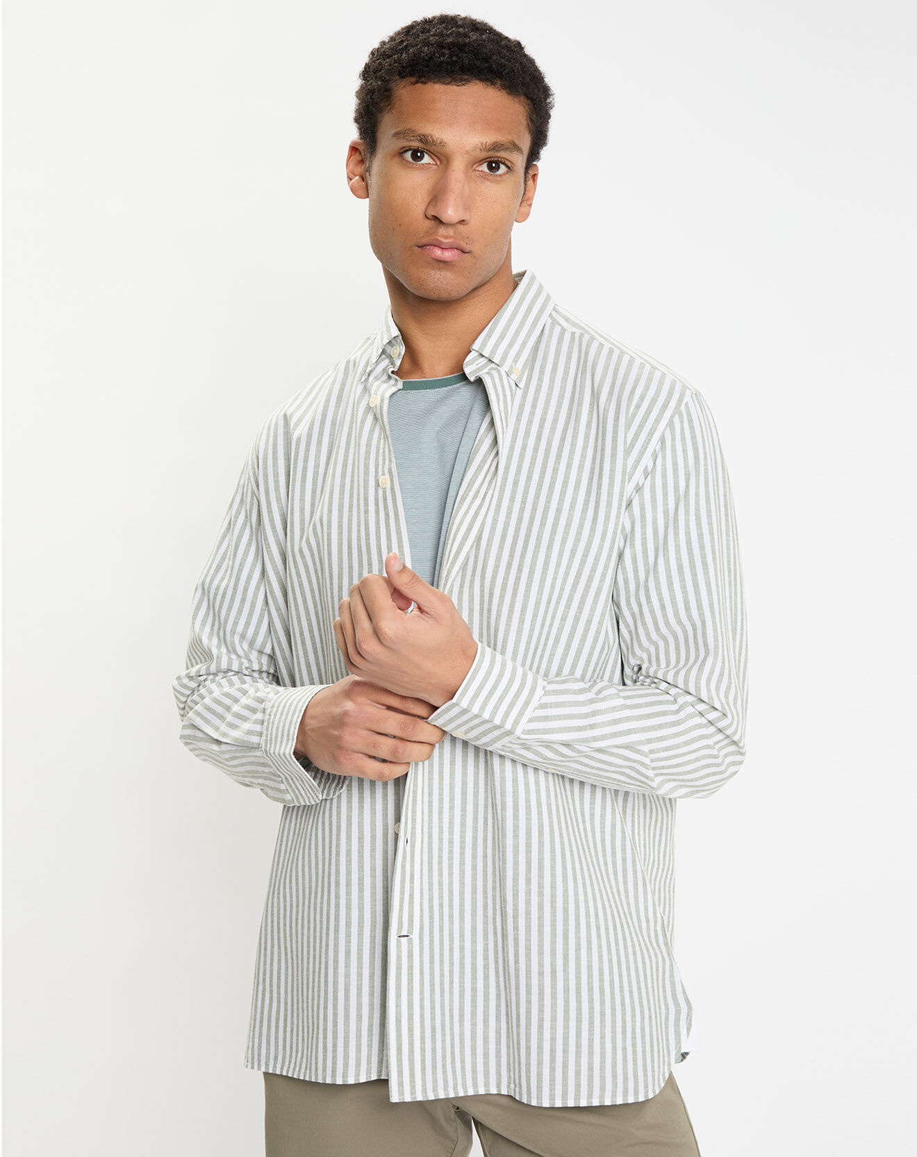 Hackett London Chemise en Coton & Lin Slim Fit à rayures kaki/blanc