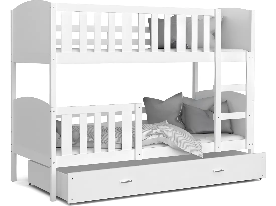 Lit Superposé Tami 90x190 (Sans Matelas) Blanc - blanc Livré avec le sommiers et tiroir.