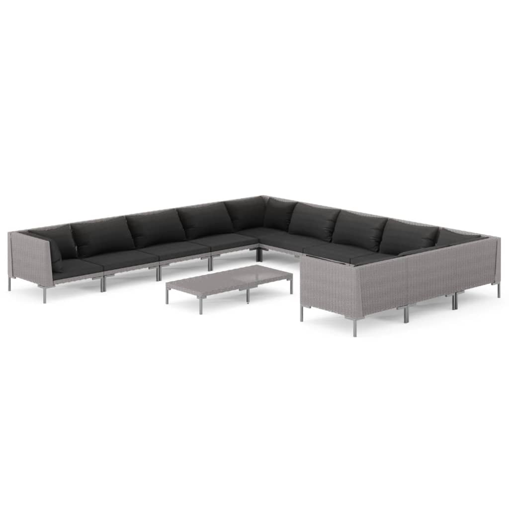 Salon de jardin meuble d'extérieur ensemble de mobilier 12 pièces avec coussins résine tressée gris foncé