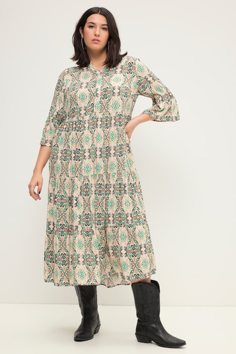 Maxikleid, A-Line, Boho-Print, Tunika-Ausschnitt, 3/4-Ärmel
