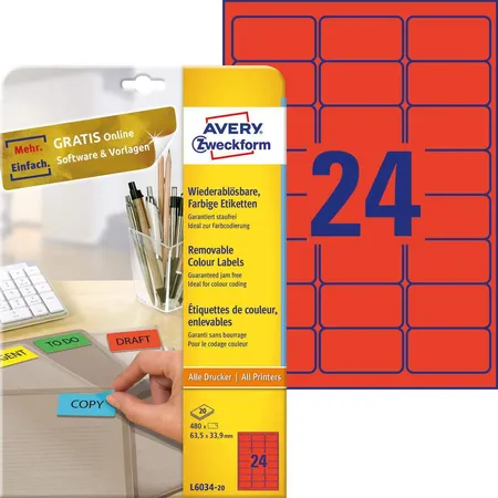 Avery Zweckform L6034-20 Farbige Etiketten,A4 63,5 x 33,9 mm, 20 Bogen/480 Etiketten, rot