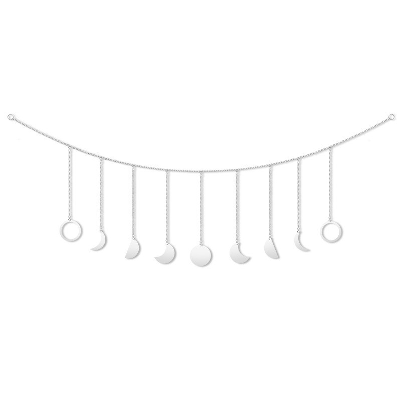 (2m) Mond Phasen Edelstahl Girlande Boho Dekoration Hygge Lifestyle Wandschmuck Accessoire - Silber
