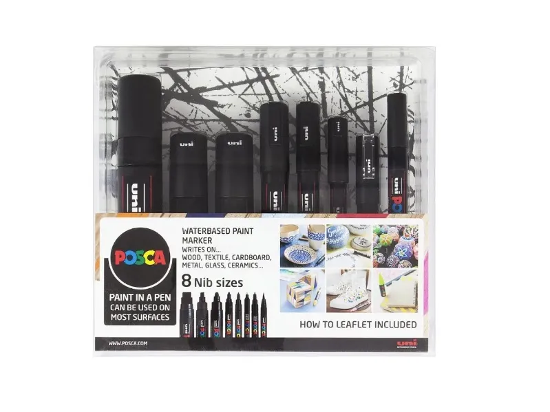 Paintmarker POSCA Black sæt - med 8 ass. størrelser