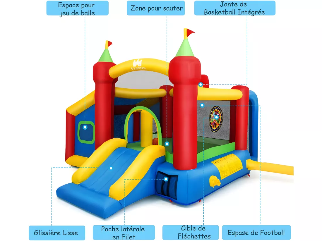 Château Gonflable Grande Aire de Jeux Multifonctionnel en Nylon et Oxford avec Toboggan,Boules et Sac 380 x 305 x 215 CM