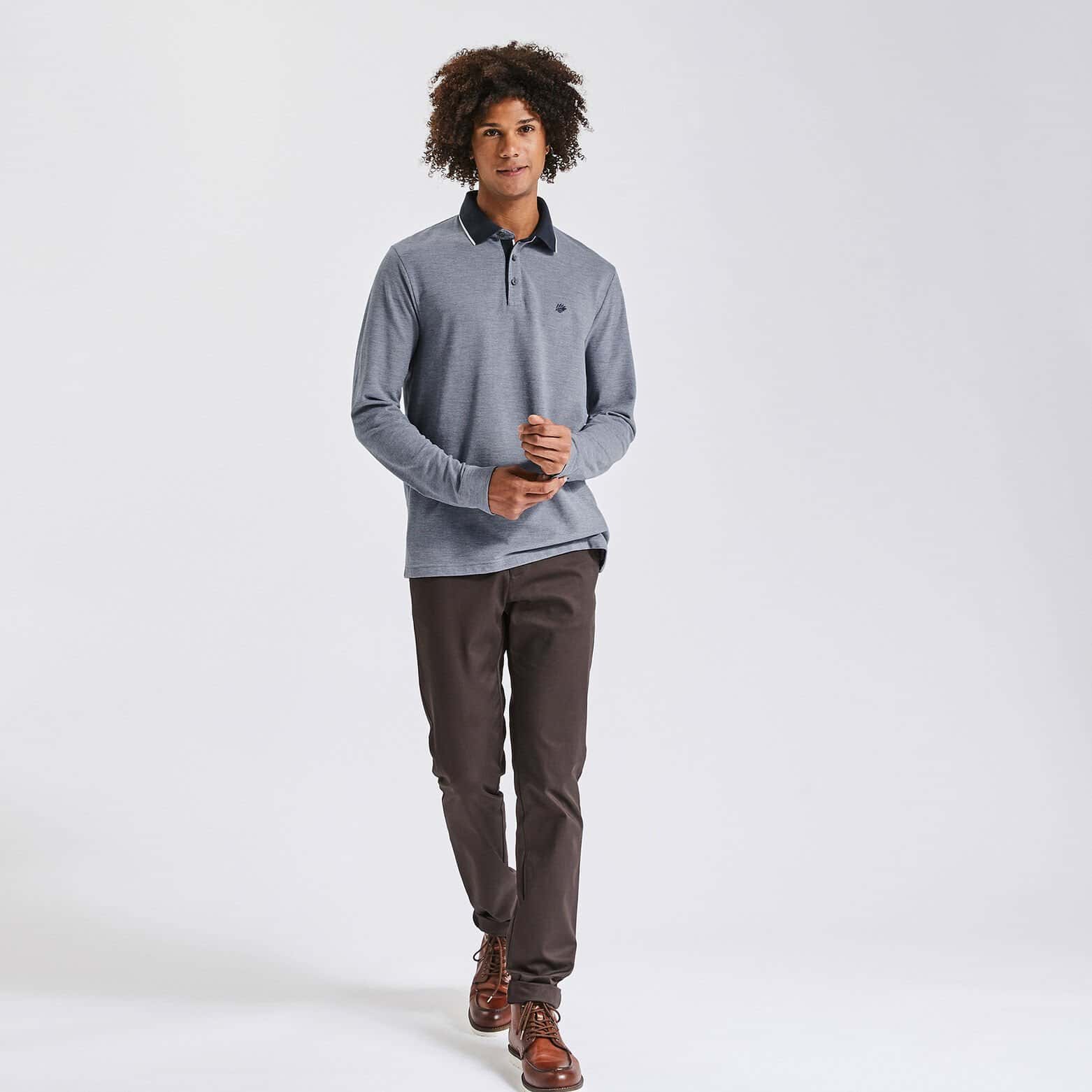 Polo manches longues piqué à col contrasté Bleu foncé