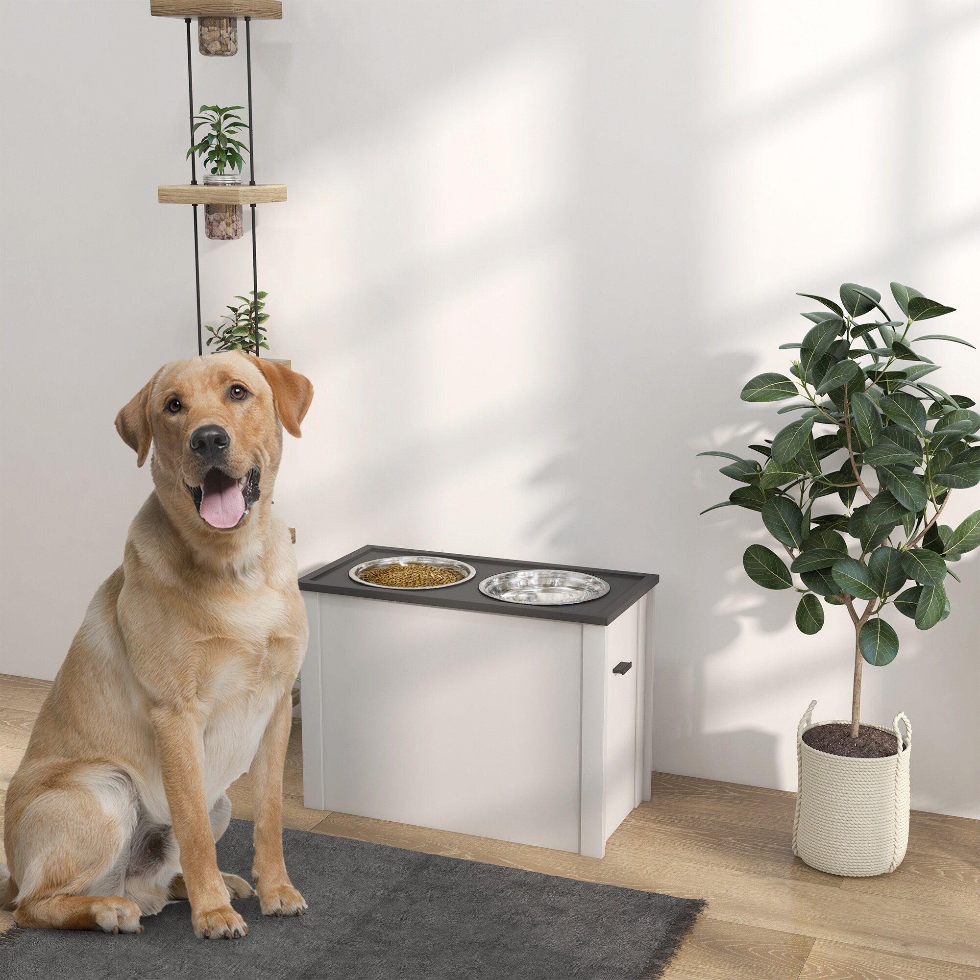PawHut Erhöhter Futternapf mit abnehmbaren Schalen und Staufach an der Seite weiß 60L x 30B x 42H cm