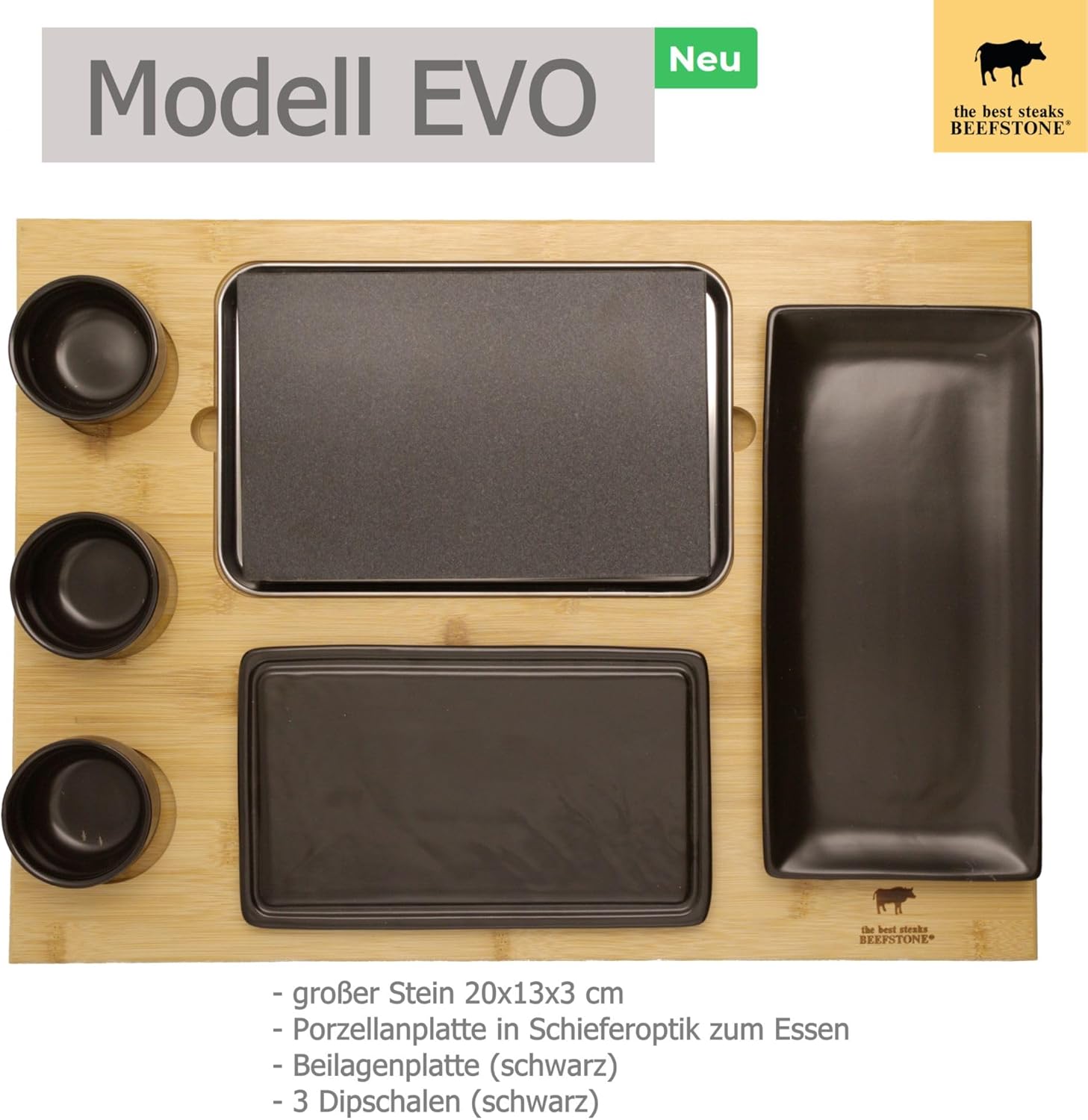 Heißer Stein Lavastein Steak-Brett Modell EVO, mit Teller in Schieferoptik, 3 Dipschalen und einer Beilagenplatte, 8-Teilig, Hot Stone Steak