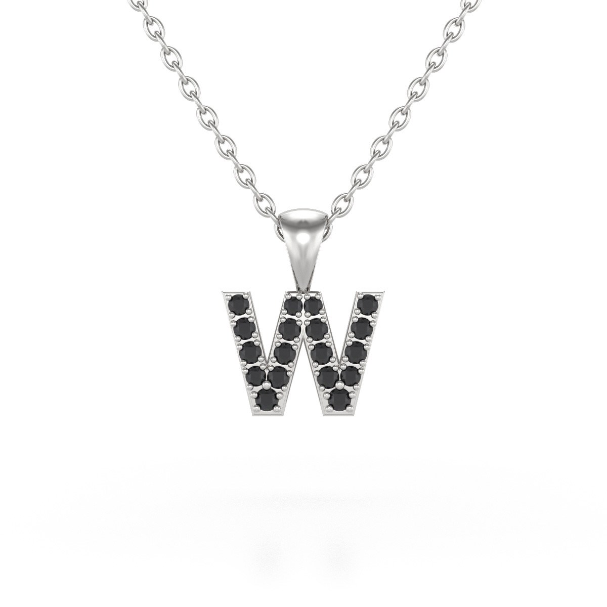 Collier Pendentif ADEN Lettre W Or 750 Blanc Diamant Noir Chaine Or 750 incluse 0.72grs