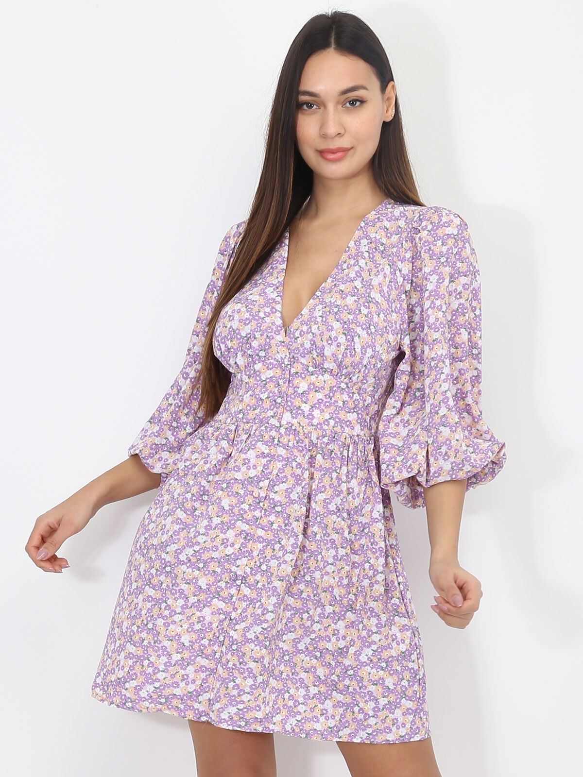 Robe patineuse à fleurs et boutons- Lilas