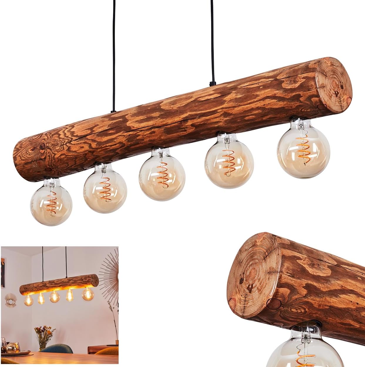 HOFSTEIN Hängeleuchte Canedo, 5-flammige Hängelampe aus Metall/Holz in Schwarz/Natur im skandinavischen Design, Pendelleuchte m. Holzstab u. Fassungen aus Metall, 5 x E27, ohne Leuchtmittel