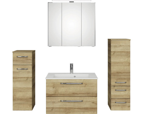 Pelipal Kumba badkamermeubelset (B x H x D): 137 x 200 x 50 cm, frontkleur: Riviera eiken, 5-delige set inclusief witte mineraalstenen wastafel, halfhoge kast en onderkast (artikelnr. 99.770126472)