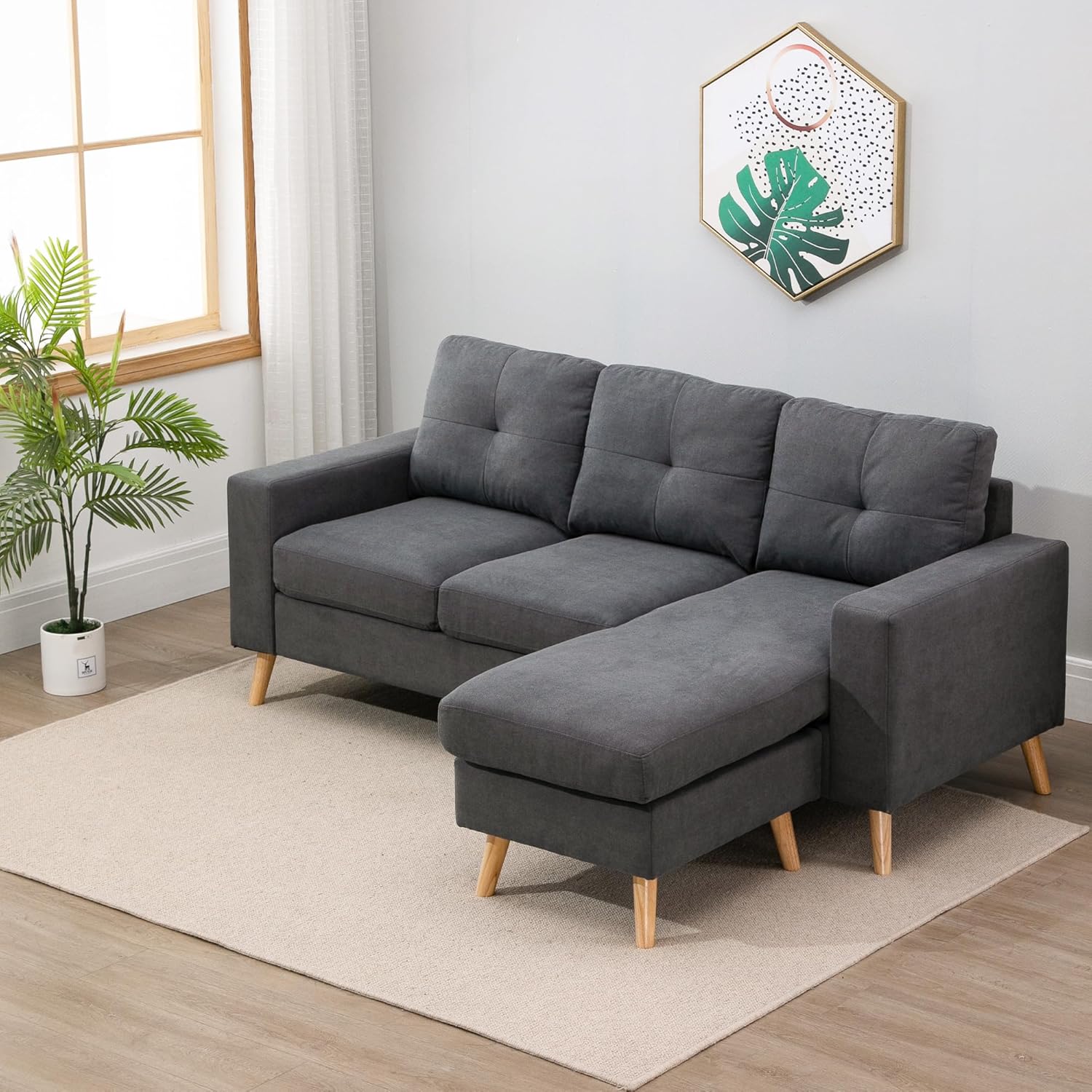 HOMCOM Ecksofa L-Form Sofa mit 3 Kissen, Eckcouch mit Knopfheftung, Leinenoptik, Veränderbare Chaiselounge Couch Wohnlandschaft für Wohnzimmer, Schlafzimmer 193 x 136 x 85 cm Dunkelgrau