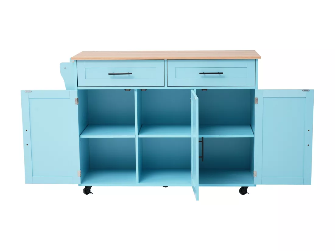 Ilot central de cuisine mobile avec 3 portes et 2 tiroirs - plateau extensible - 129x46/71x91,5 cm - Bois MDF + métal - Bleu