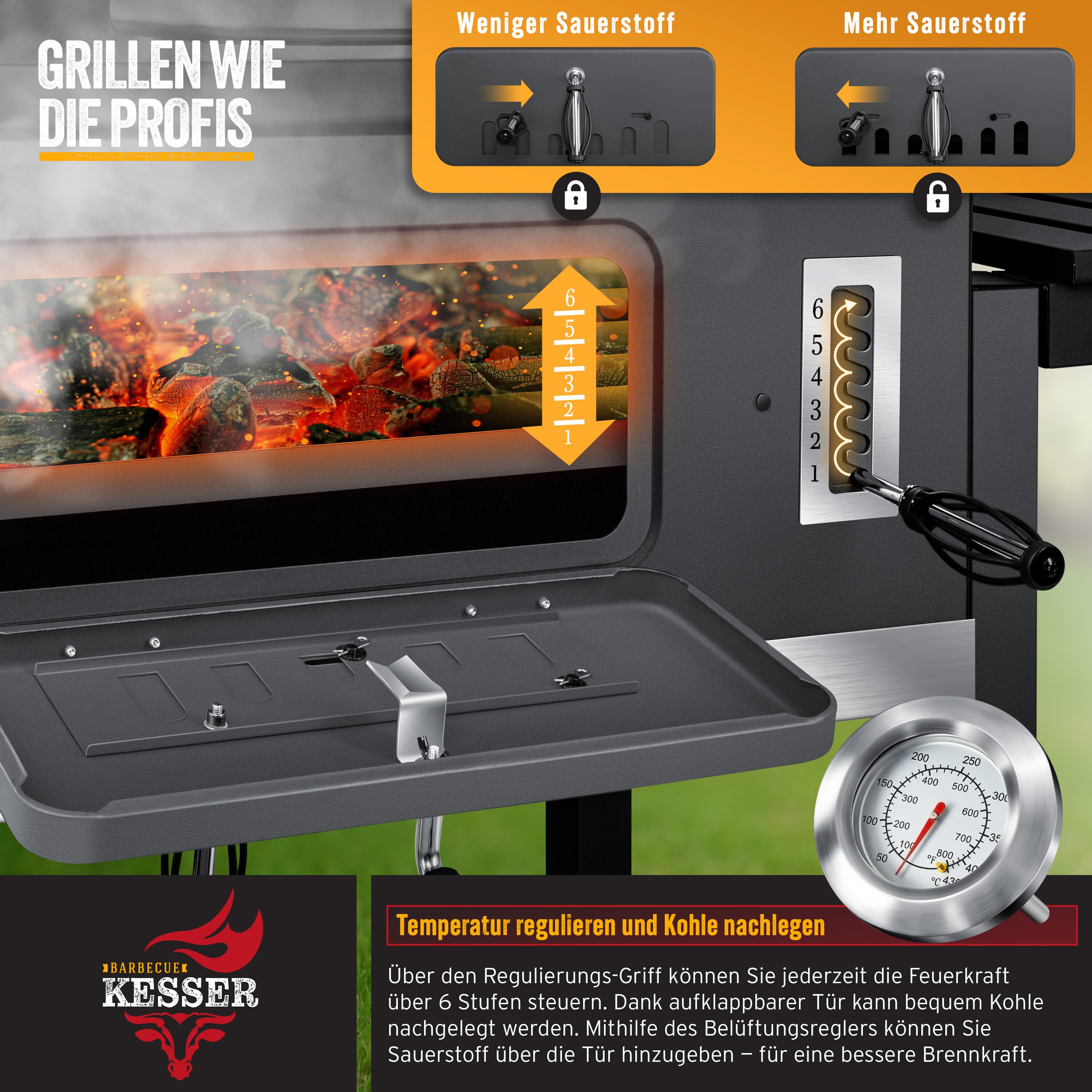 KESSER® Grill Grillwagen XXL Holzkohlegrill mit Deckel, Rädern, Edelstahl-Griff, Grillrost und Thermometer Holzkohle kohlegrill Wagen groß Kohle BBQ Barbeque Camping, Terrasse, Garten