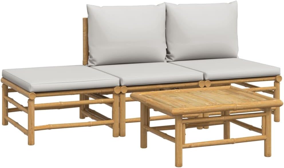 vidaXL Garten Lounge Set 4-TLG., Gartenmöbel Set mit Hellgrauen Kissen, Sitzgruppe für Garten Terrasse, Modular Sofa Garnitur Loungemöbel, Bambus