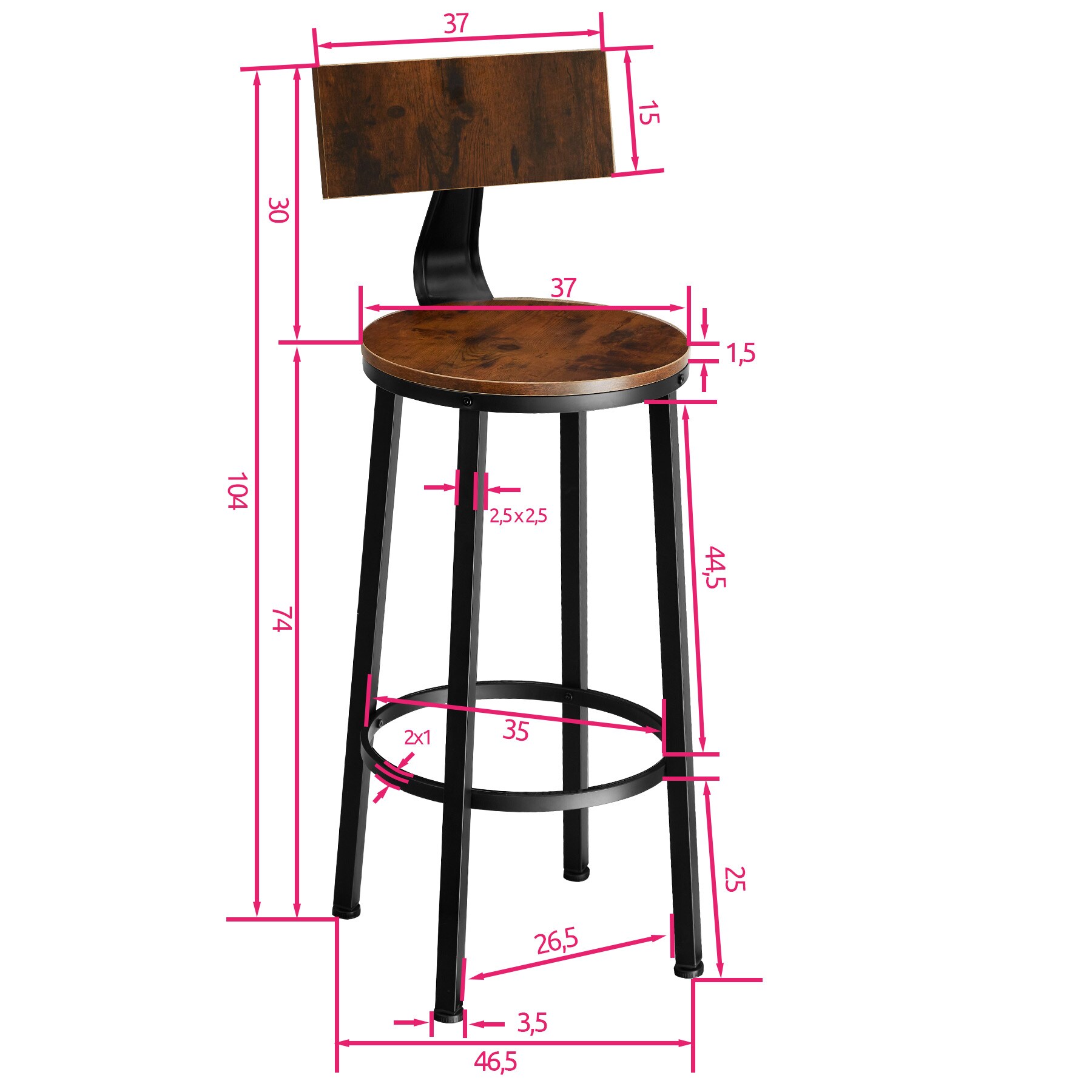tectake® 2er Set Barhocker, mit Rückenlehne, Holz und Stahl, Sitzhöhe 74 cm