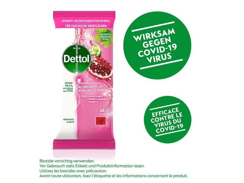 Dettol Allzweck-Reinigungstücher Granatapfel & Limette 60 S Antibakterieller Oberflächenreiniger mit fruchtigem Duft