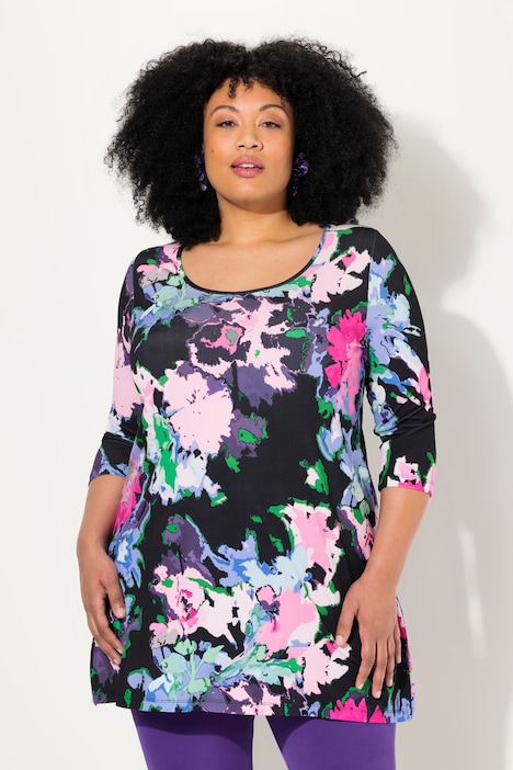 Longshirt, Blütenmuster, A-Linie, Rundhals, 3/4-Arm