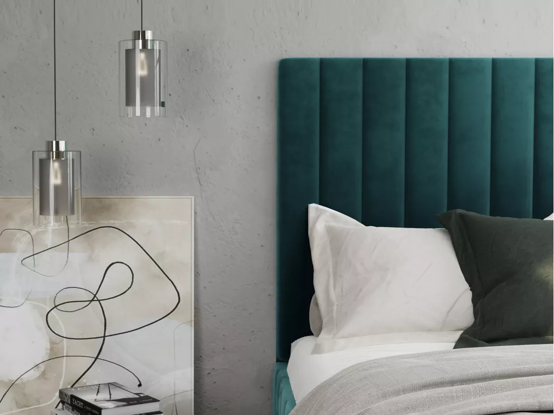 Lit coffre 180 x 200 cm avec tête de lit coutures verticales - Velours - Bleu canard + Matelas - LARALI de Pascal Morabito