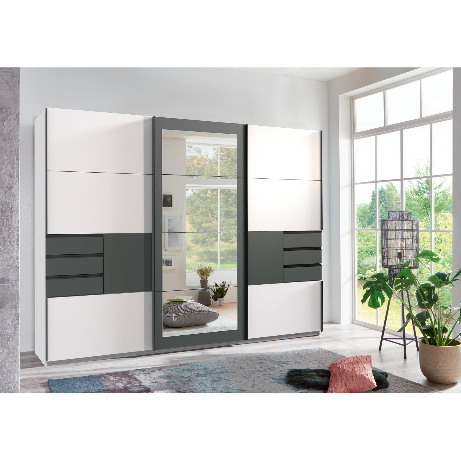 Schwebetürenschrank Luzern Dekor 270 x 210 x 64 cm, mit Spiegel weiss