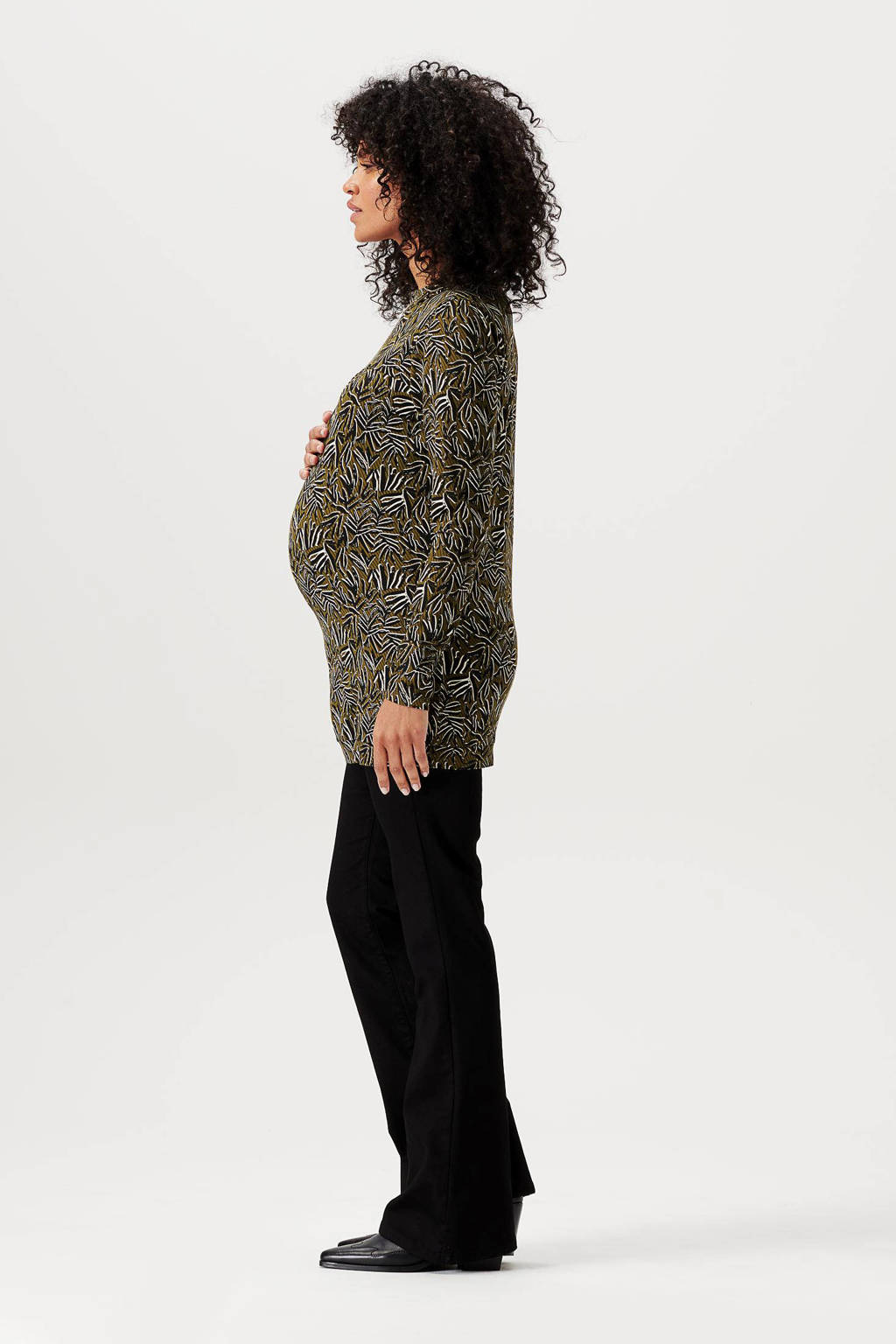Noppies zwangerschapslongsleeve Rayne met all over print kaki/wit/zwart