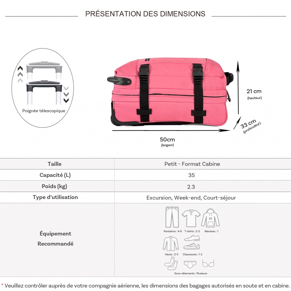 David Jones Sac de voyage cabine à roulettes 35L double compartiment David Jones taille S 50cm