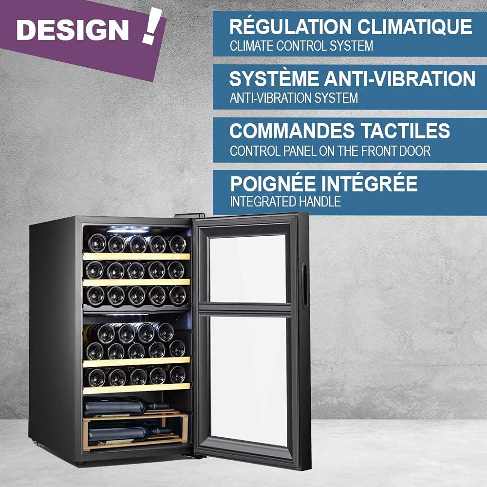 La Sommelière - Cave à Vin SLS33DZ de Service Double Zone - Cave à Vin 33 Bouteilles - Système Anti-Vibration et Hygrométrie Régulée - Noire avec Éclairage Intérieur LED