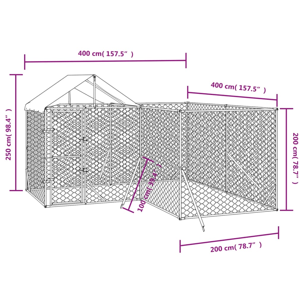 Canil externo para cães vidaXL com telhado, aço galvanizado, prata, 10x8x2,5m