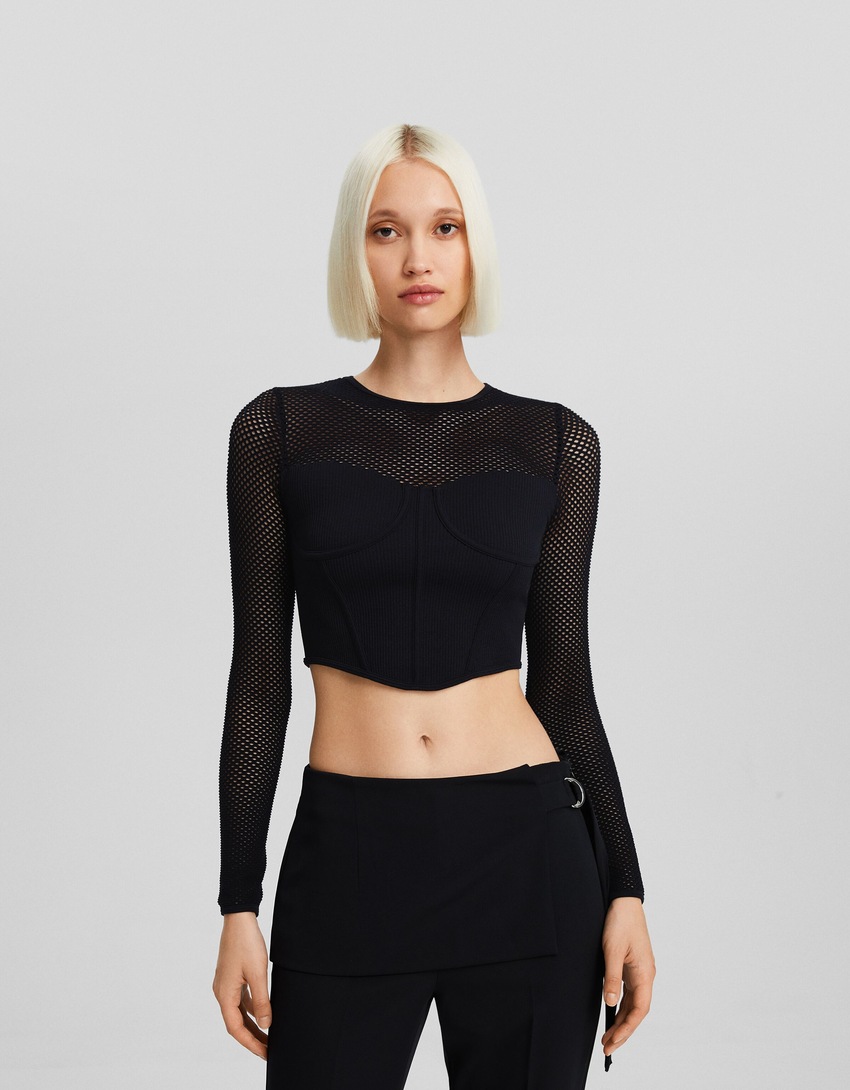 Camiseta de manga comprida sem costura estilo corset em malha