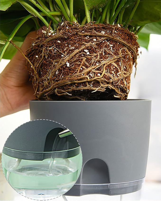(5er Set) Selbstbewässerungs Blumen Topf Pflanzenkübel Küchen Kräuter Übertopf mit Wasserspeicher - Grau