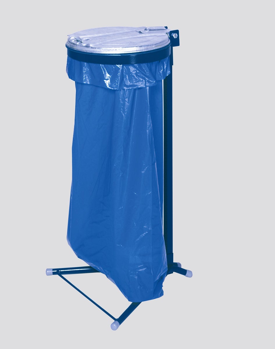 PROREGAL Robuuste enkele afvalverzamelaar met metalen deksel en standaard, 35 cm opening, afmetingen (H x B x D): 98 x 50 x 48 cm, staal, blauw verzinkt