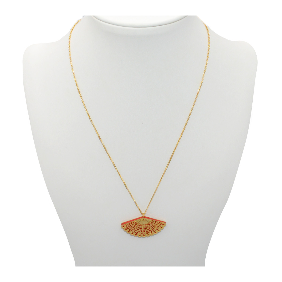 Collier avec  pendentif éventail coloré -doré à l 'or fin