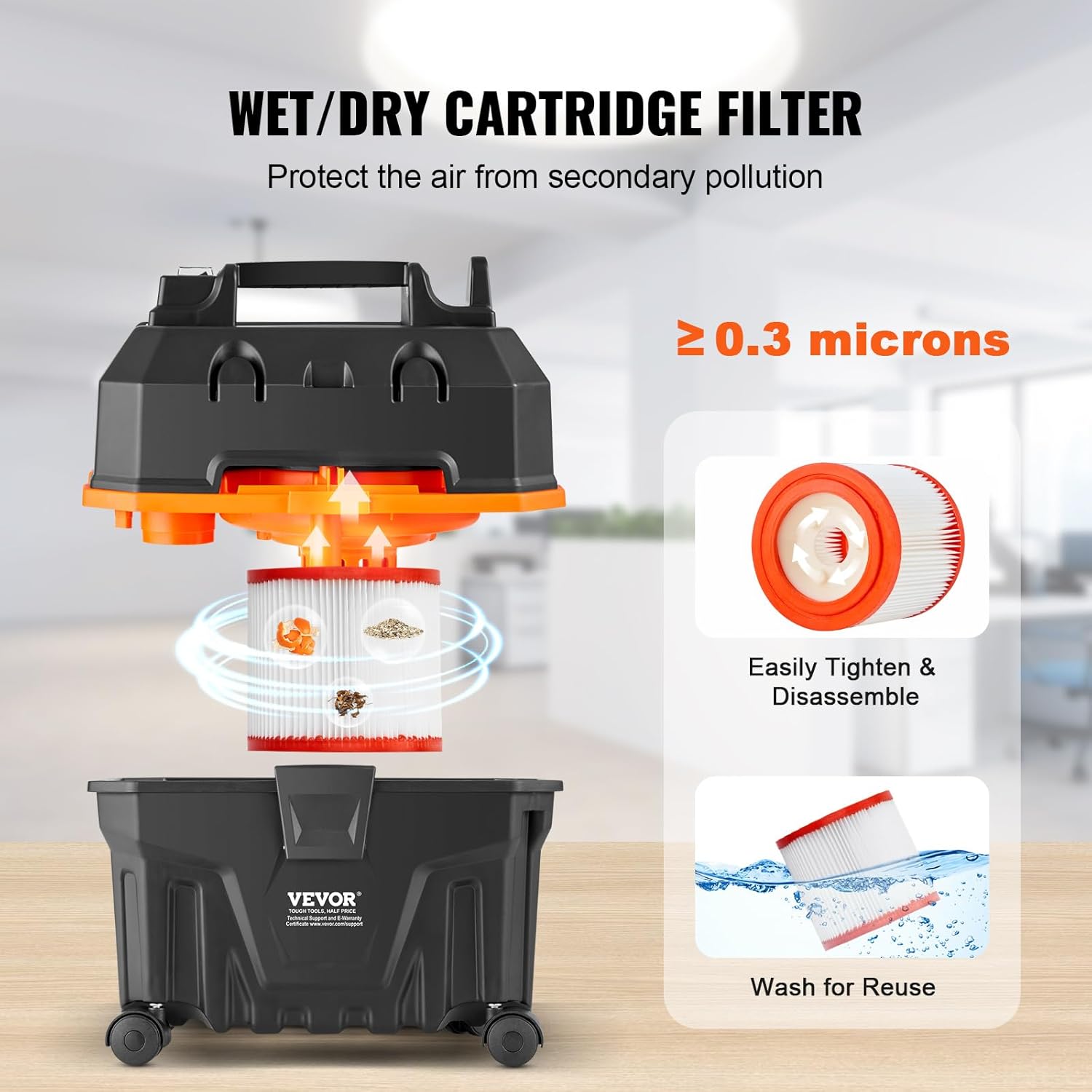 VEVOR Aspirateur eau et poussière 15 L, aspirateur d'atelier sec humide portable léger, 5 CV max, aspiration et soufflerie efficaces avec buse, roulettes, pour tapis, débris, poils d'animaux, noir : Cuisine et Maison