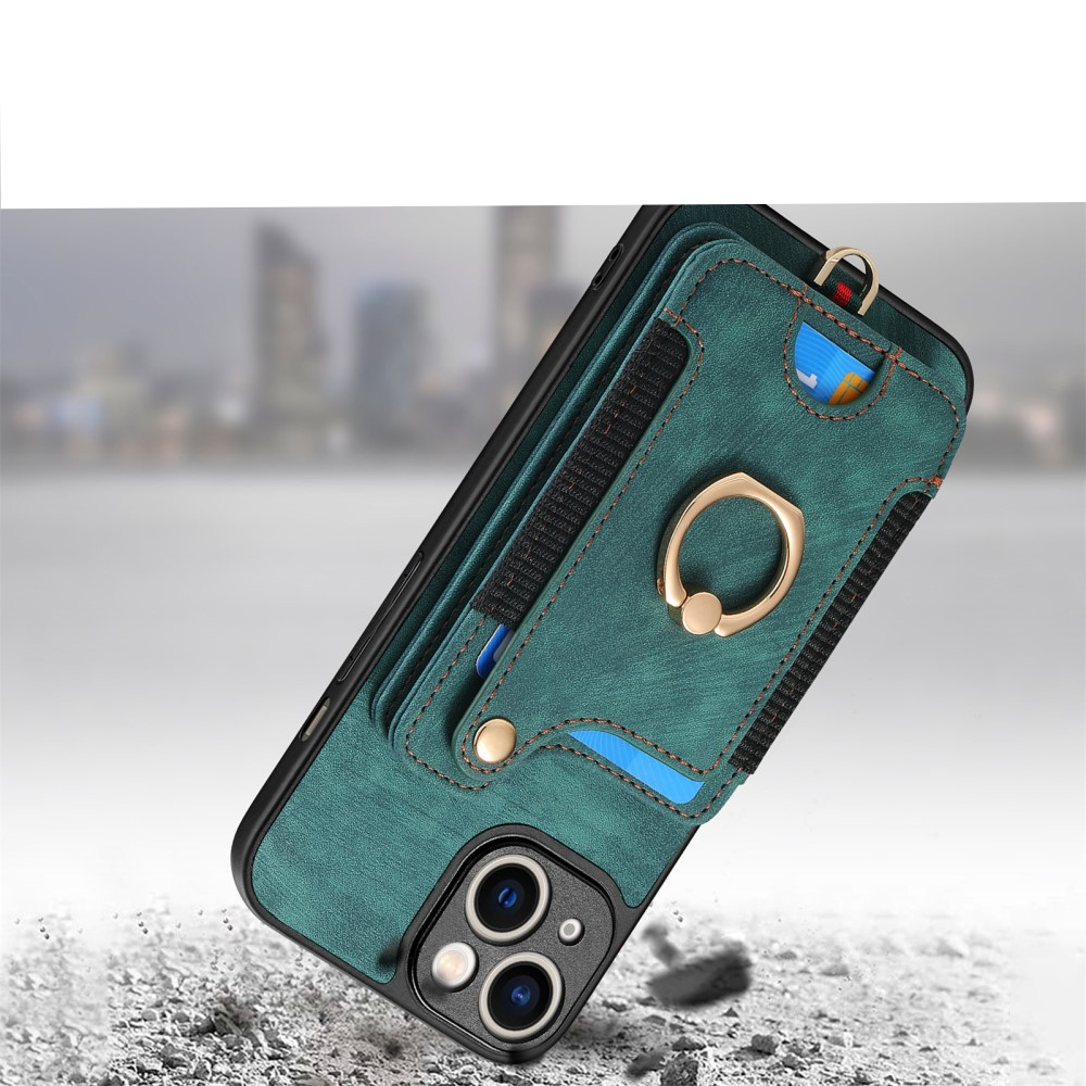 iPhone 14 Necklace Leder Hülle mit Kartenfächer   Finger Griff Halterung   Handykette (RFID Schutz) - Grün