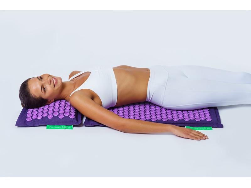 Pranamat Eco Massage Set – Matte und Kissen dunkelviolett Nahhaltiges, handgefertigtes Rücken- und Kopfmassage Set