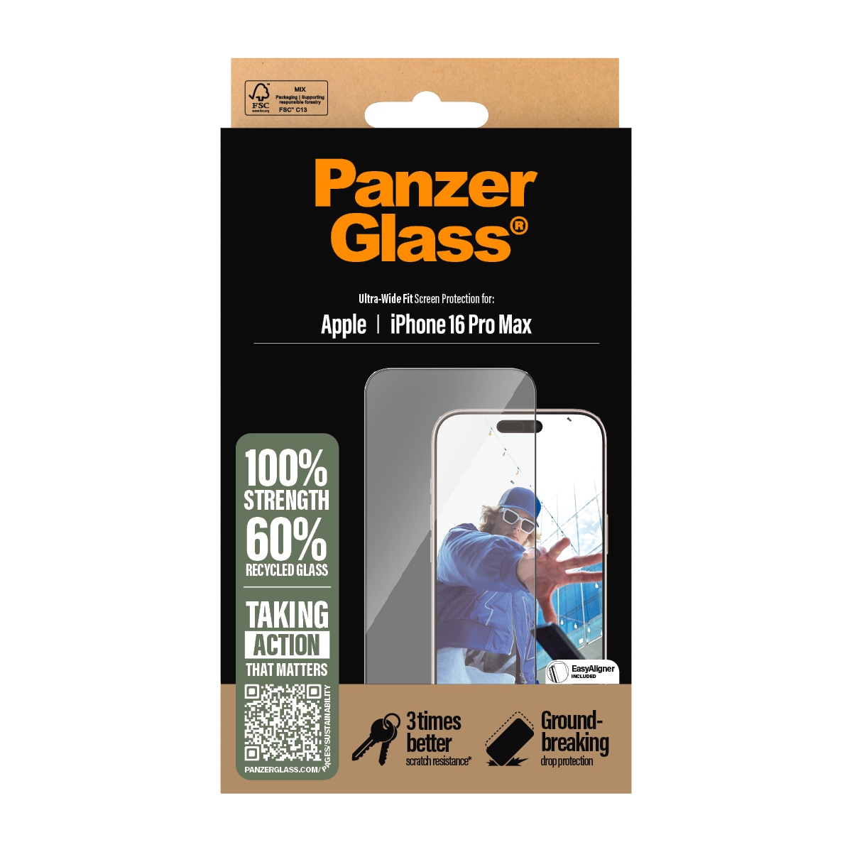 PanzerGlass Displayschutzglas »Ultra-Wide Fit Screen Protection« für Apple iPhone 16 Pro Max Displayschutzfolie, Schutzfolie, Bildschirmschutz, kratz- & stossfest