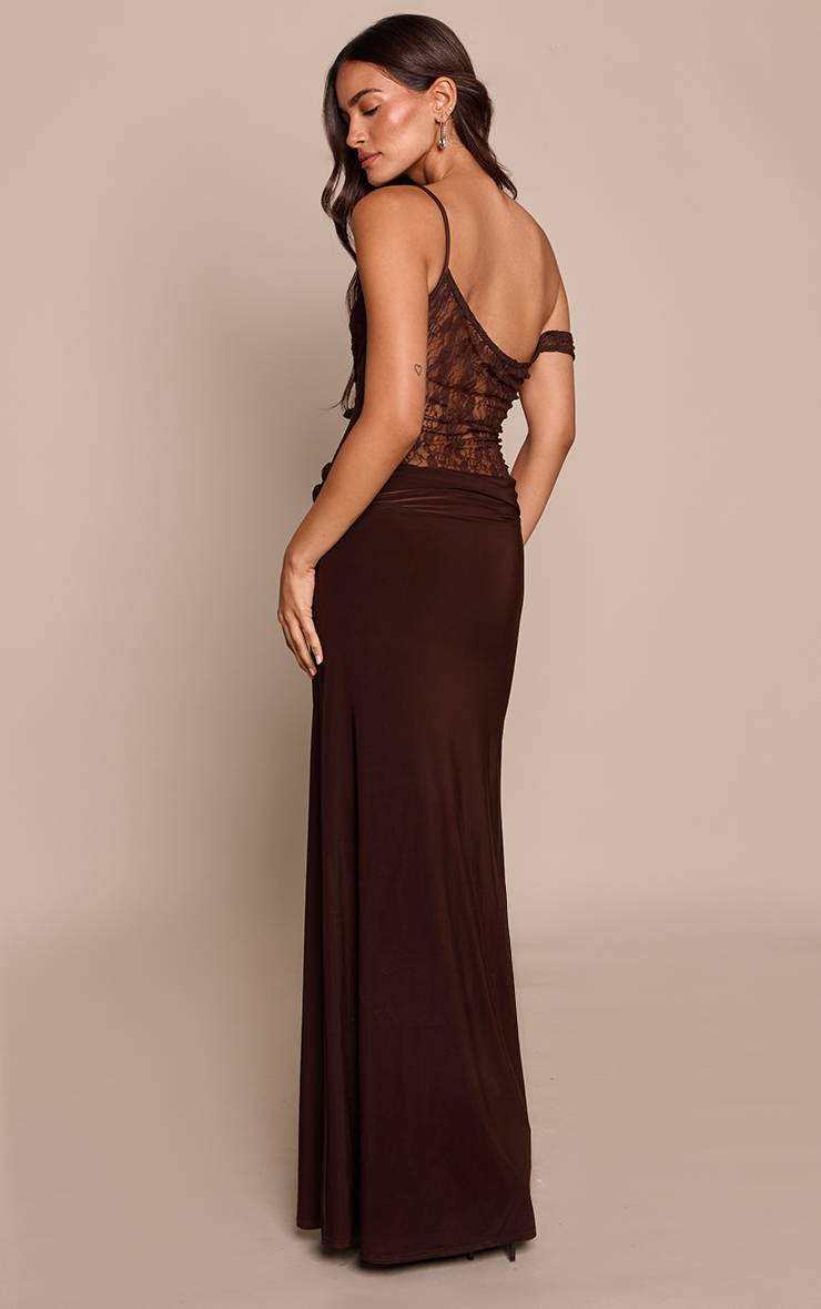 Chocolat Robe Maxi Moulante Asymétrique À Bustier En Dentelle