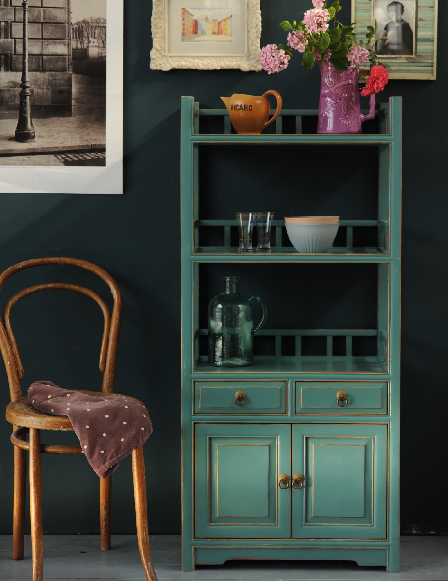 Bücherregal, 2 Schubladen, 2 Türen, türkis, T 33 cm, B 60 cm, H 130 cm von fischer's lagerhaus
