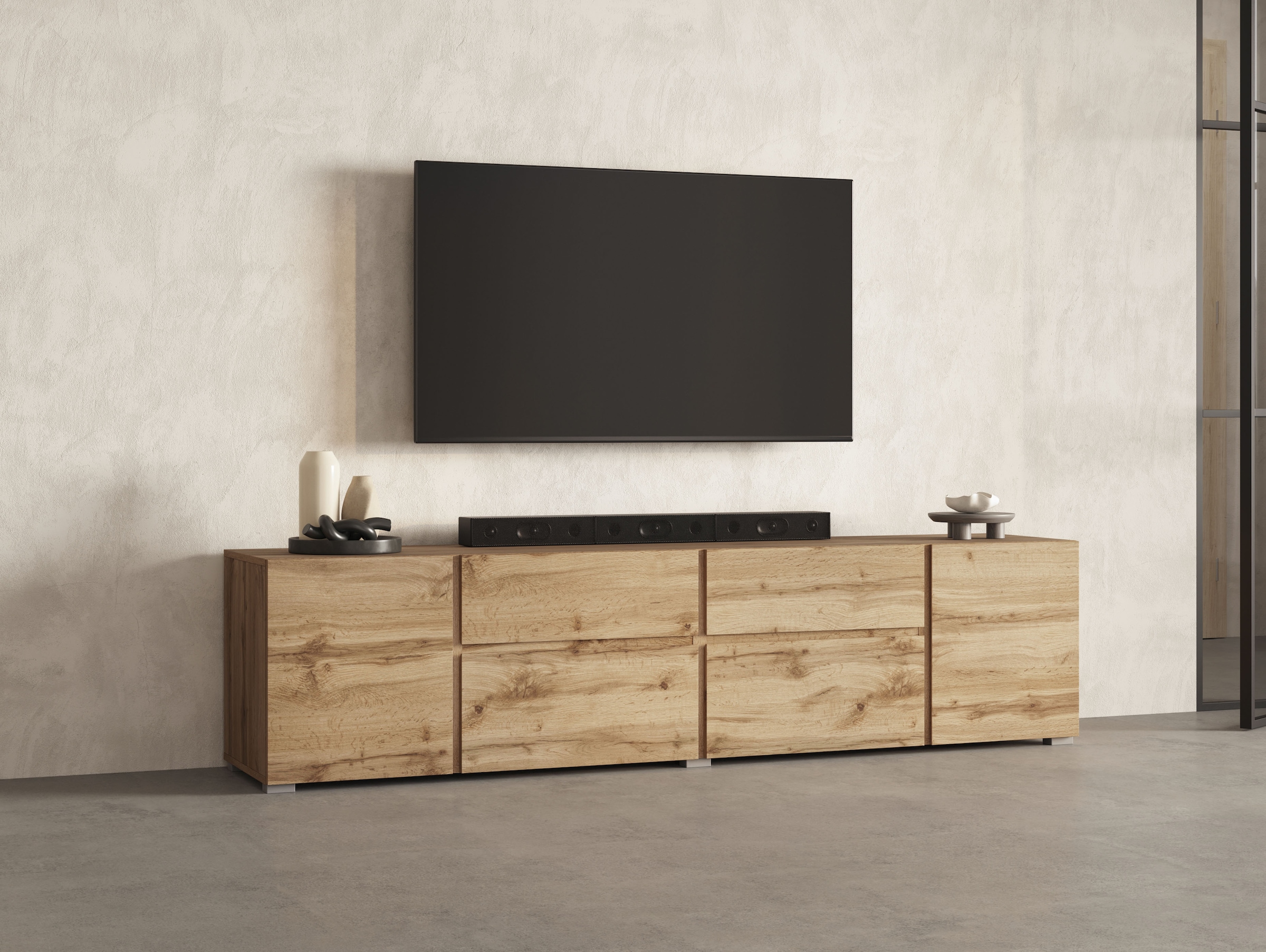 GOODproduct Lowboard »Metric,Breite 195cm, grifflose Lowboard 2Klappen/2Schubkästen/2Tür« TV-Schrank mit viel Stauraum, TV-Board