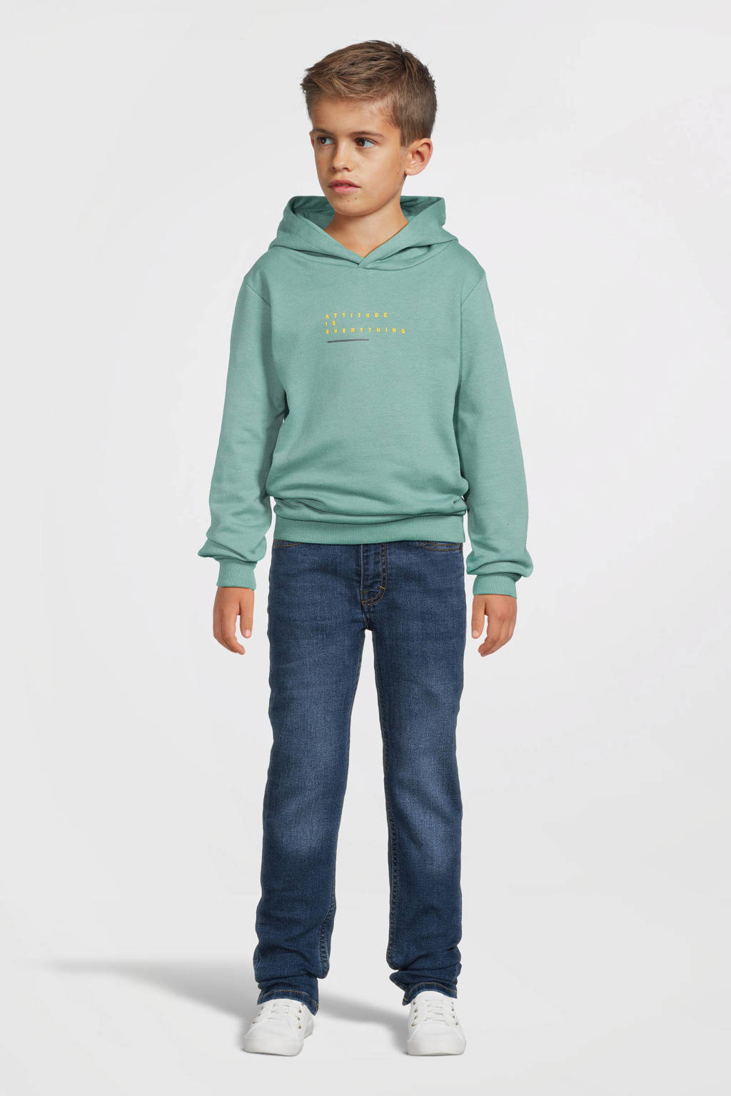 No Way Monday hoodie met backprint mintgroen/geel