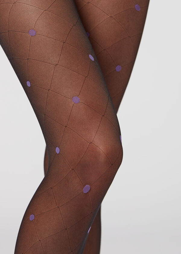 Meia-calça transparente 30 denier com estampa de losangos e bolinhas