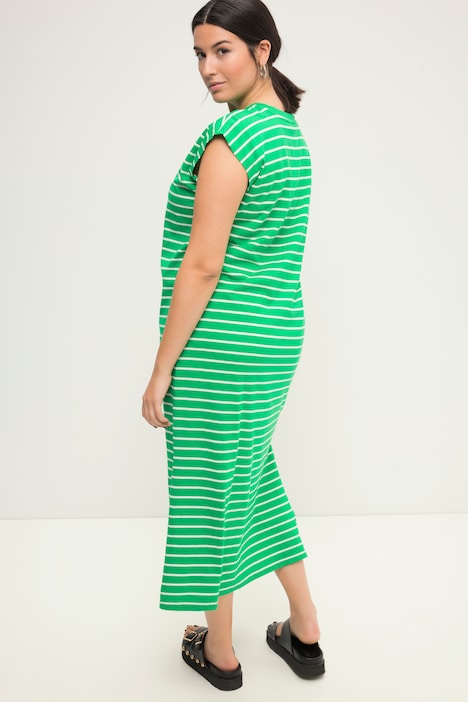Jersey-Midikleid, oversized, geringelt, Rundhals, ärmellos, Seitenschlitze