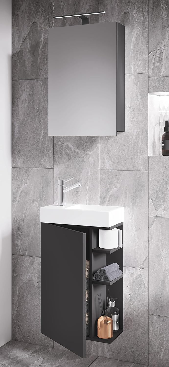 3-TLG Set | Waschplatz für Gäste WC | Gästebad Toilette | Waschtisch mit Spiegelschrank | Badmöbel Badezimmer Set – Lumia