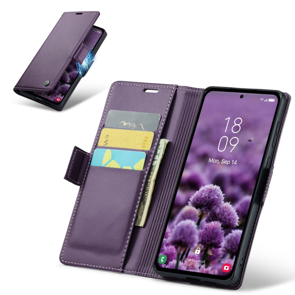 Samsung Galaxy A55 Leder Tasche Flip Wallet Etui mit Kartenfächern Litchi Look (RFID Schutz) - Violett