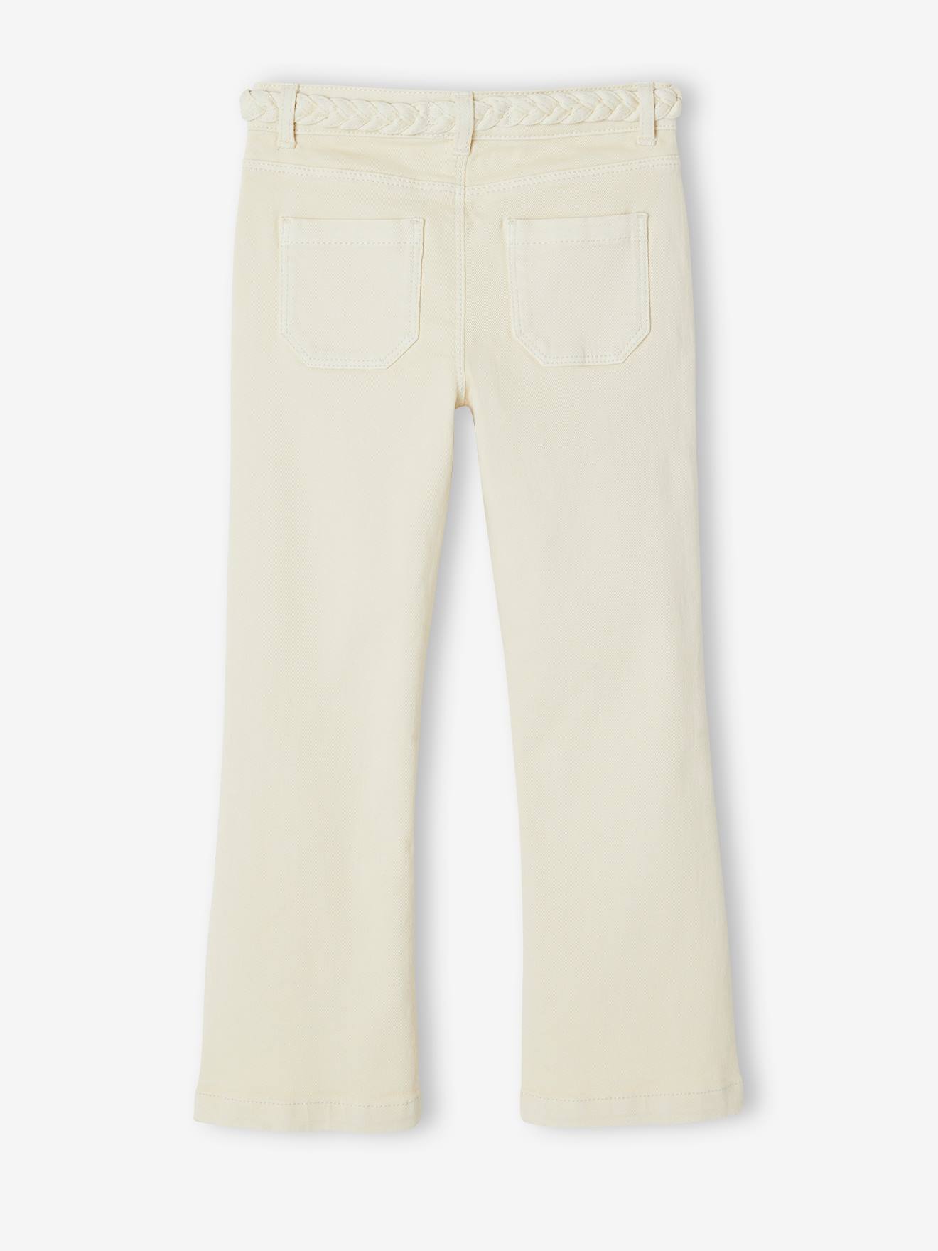 Calça boca de sino com cinto trançado elegante para meninas, cor cru