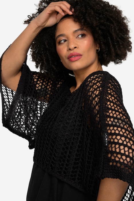 Poncho, oversized, Netz-Strick, U-Boot-Ausschnitt, Langarm