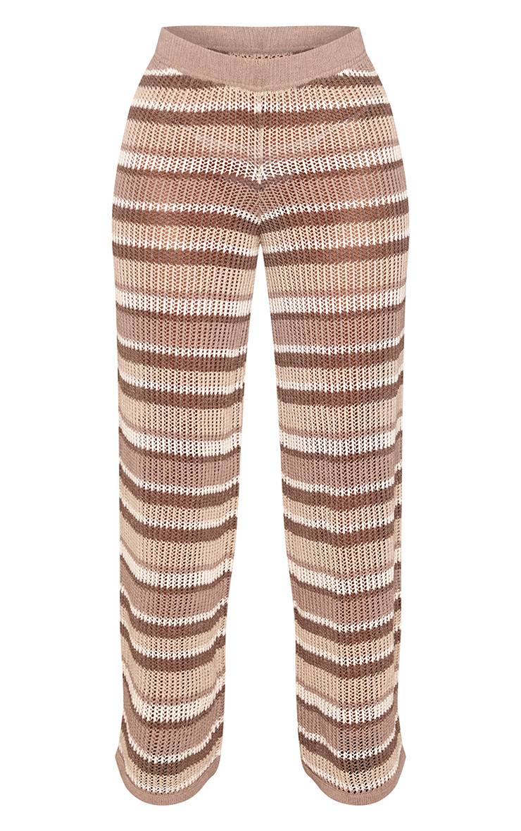 Taupe Pantalon Large Tricoté À Rayures Contrastées Petite