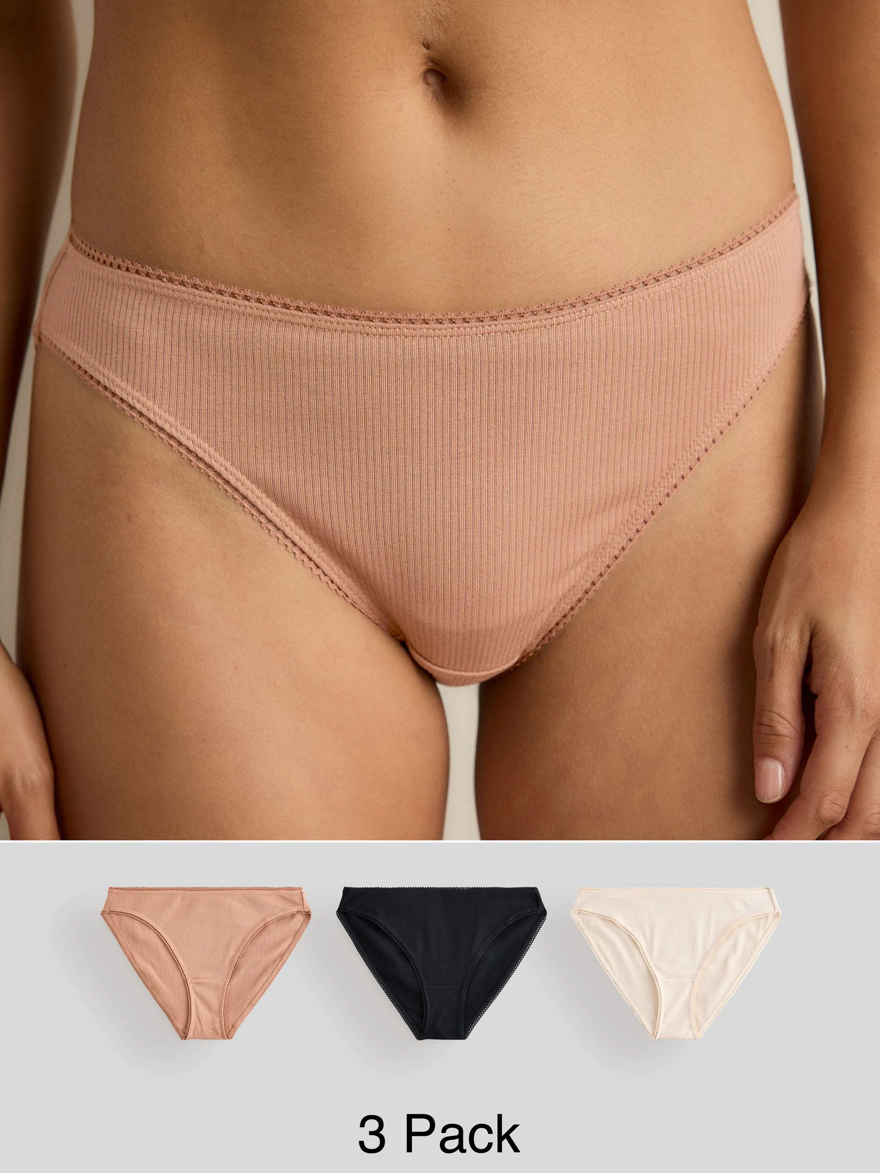 Zwart/caramel Huidskleur/praline Huidskleur - Verpakking van 3 geribbelde katoenen slips
