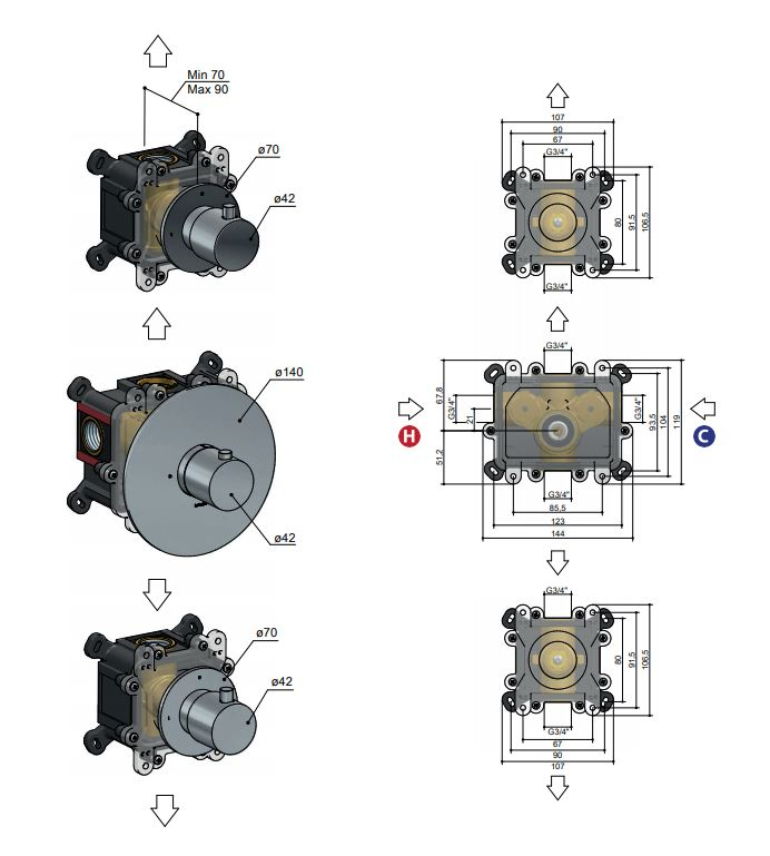 Hotbath Cobber Afbouwdeel thermostaat met twee stopkranen Geborsteld Nikkel B007
