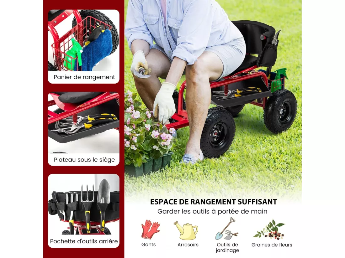 Siège de Jardin Roulant pour Travail avec Poignée Extensible, Chariot Jardinage avec Siège Pivotant à 360° Plateau Panier de Rangement Coussin Charge 135KG, pour Pelouse Atelier